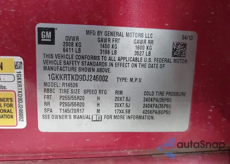 2013 GMC Acadia Denali z USA, uszkodzony, nr VIN 1GKKRTKD9DJ246002